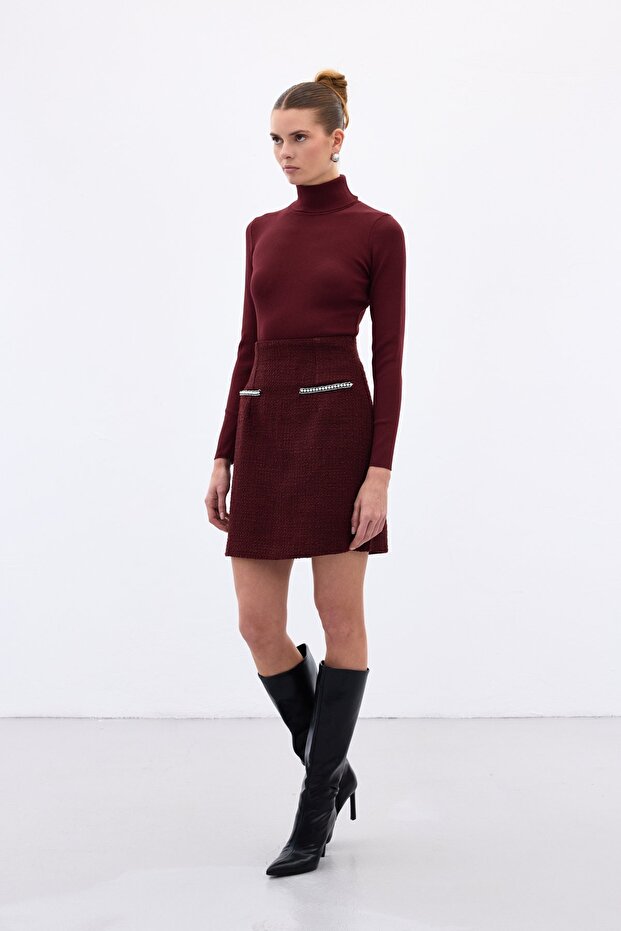 Tweed Skirt with Accessory Detail - Burgundy
