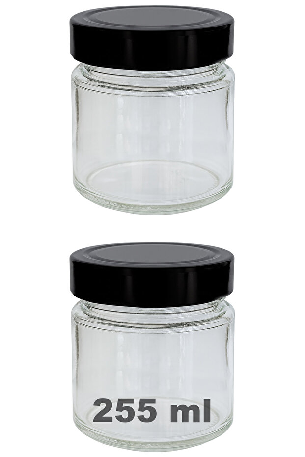 255 ml Jar with Black Deep Lid 255 Cc Transparent Jam, Marmalade Glass Jar Deep 2 Pieces