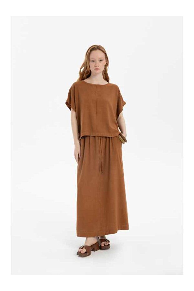 Linen Blend A-Line Midi Skirt Terra Cotta