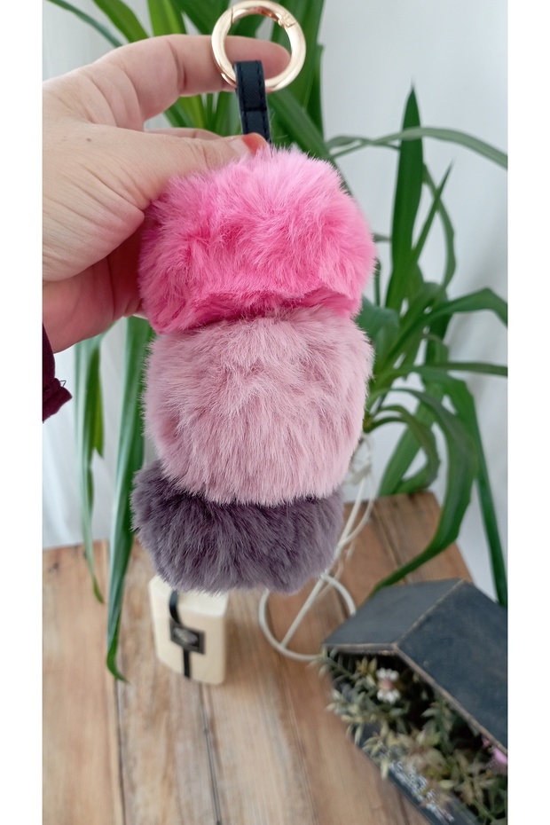 Three Color Plush Fluffy Keychain – Fuchsia Pink Gray |   Soft Fur Bag Ornament & Keychain