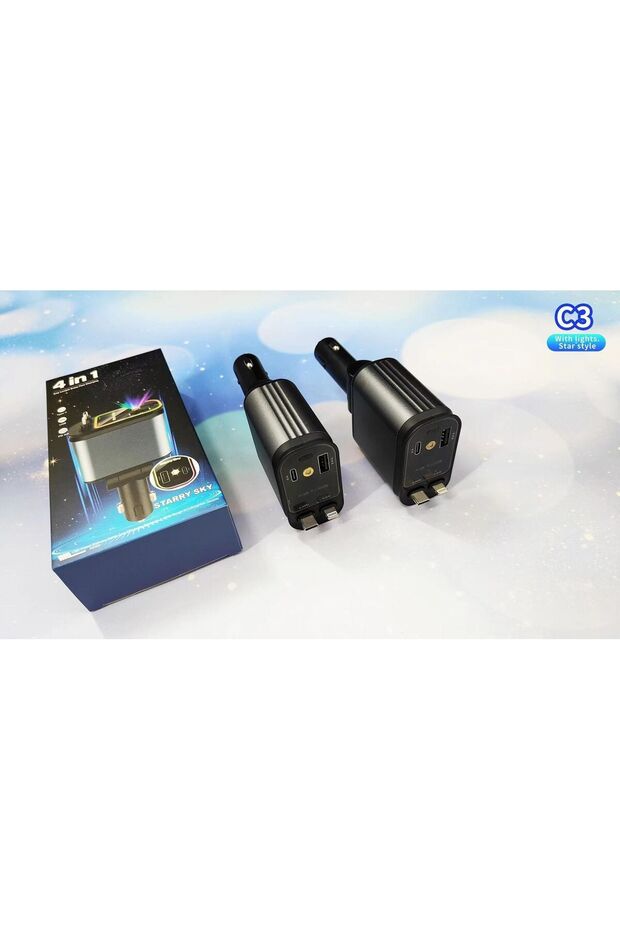 4-in-1 Retractable Car Charger with Fast Charging & Starry Sky Ambient Light for All Devices