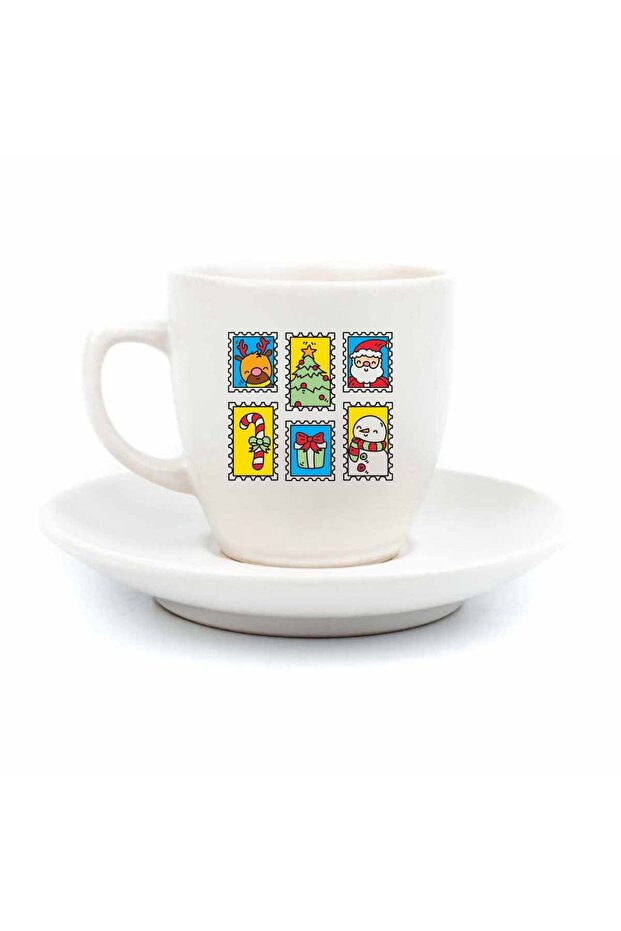Cream Turkish Coffee Cup with New Year's Postcard Design - New Year's Themed Coffee Cup