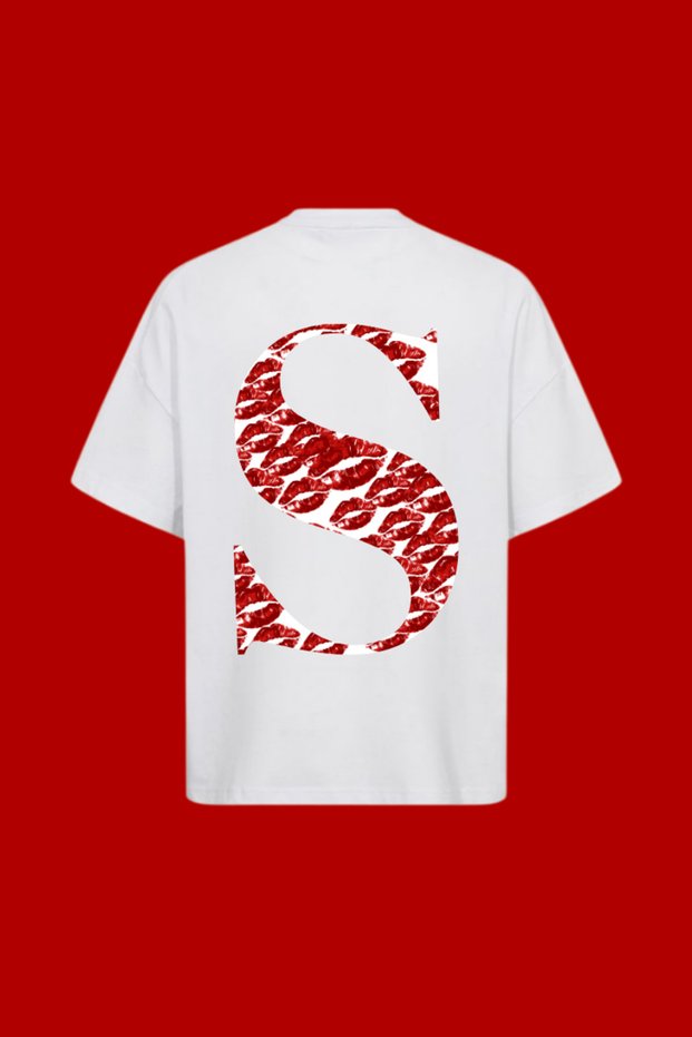 Letter S Kiss Printed Oversized White T-Shirt