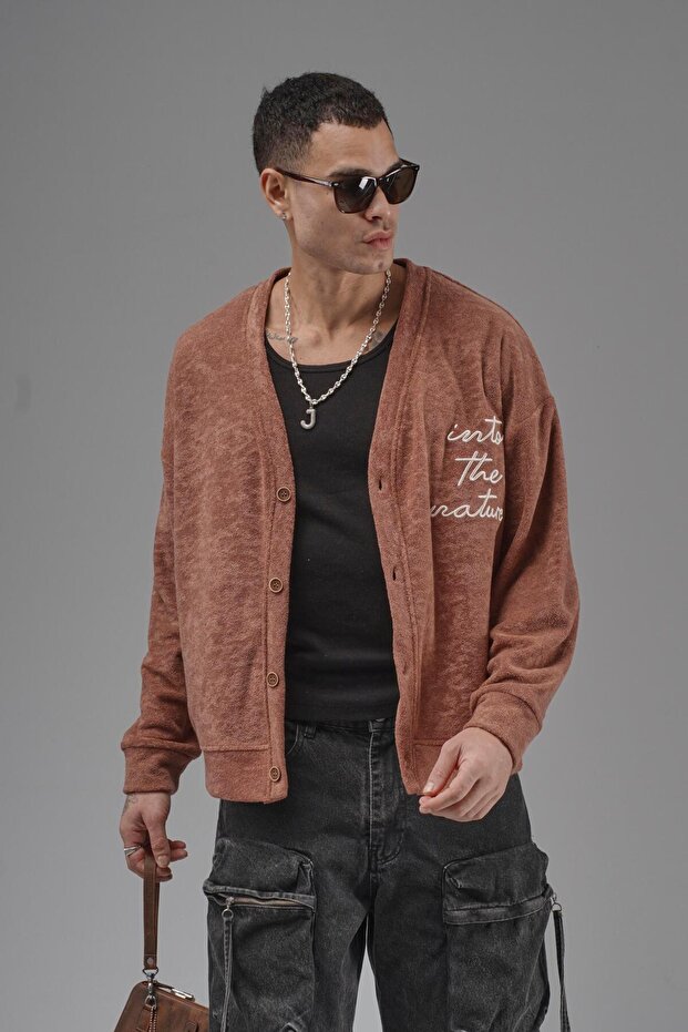 Buttoned Embroidery Detailed Oversized Pattern Men's Cardigan