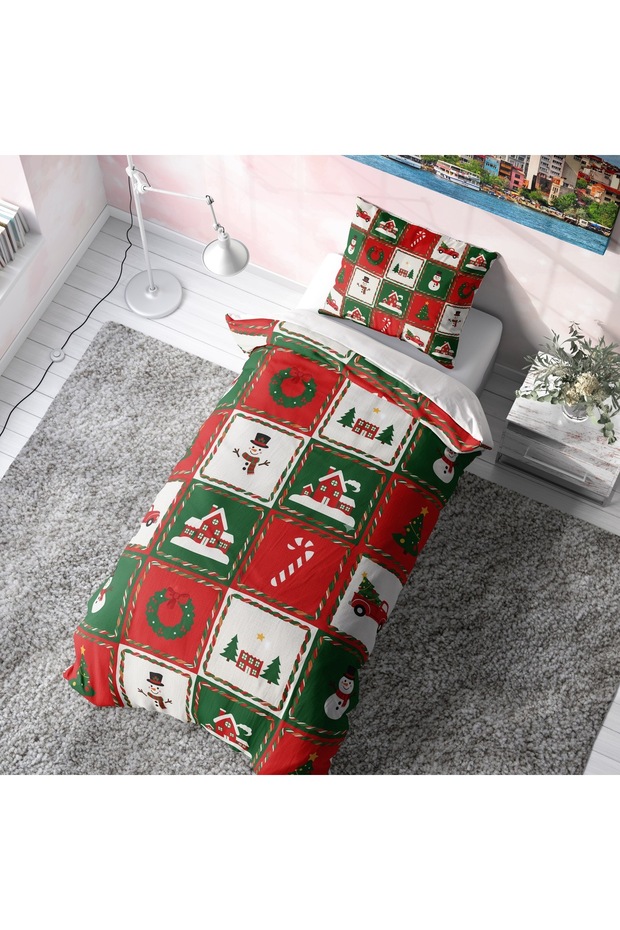 Patchwork Christmas Houses Patterned Single Christmas Duvet Cover Set