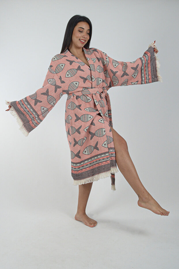 Kimono Kaftan Fish Patterned 1 Piece Bohemian Bathrobe Unisex Jacquard 3 Layers Muslin Fabric