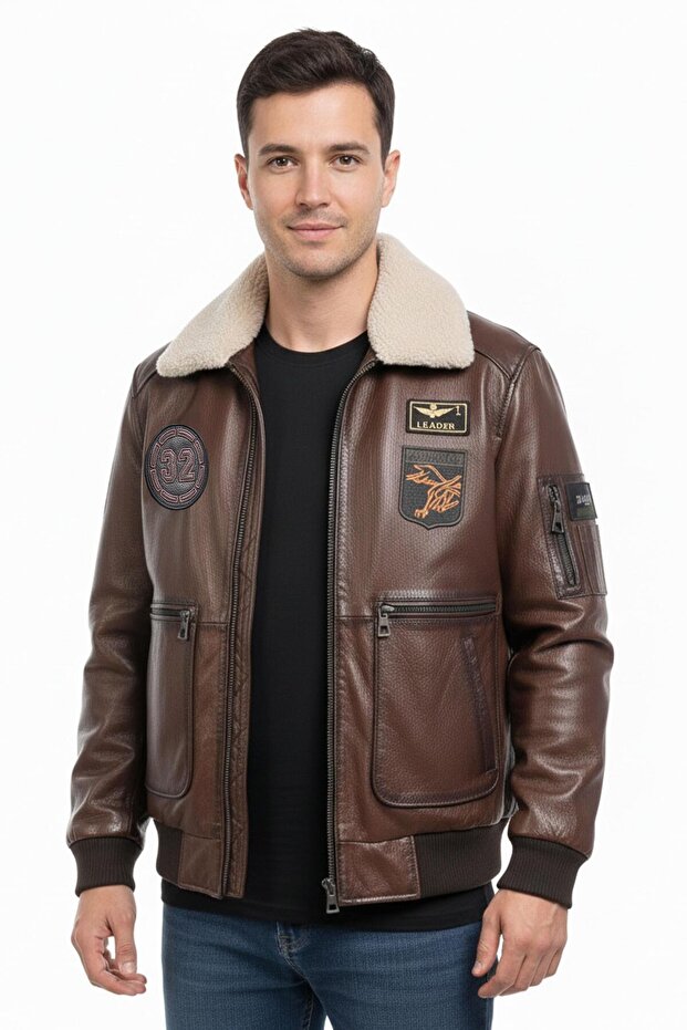 Aviator 32 Brown Genuine Leather Patched Men's Bomber Jacket