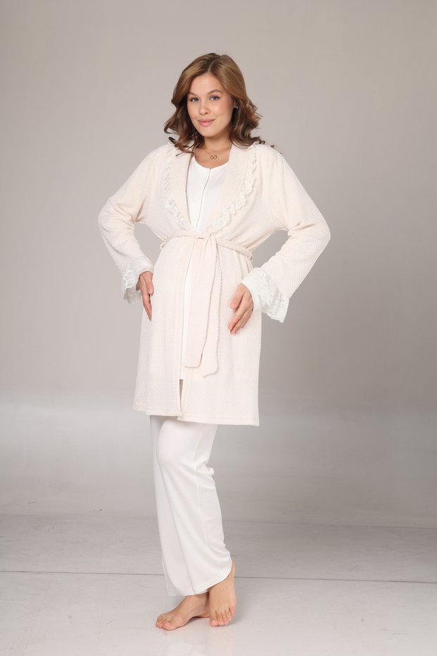 Women's Ecru Shawl Collar Lace Design Cotton Maternity Pajamas 3-Piece Set