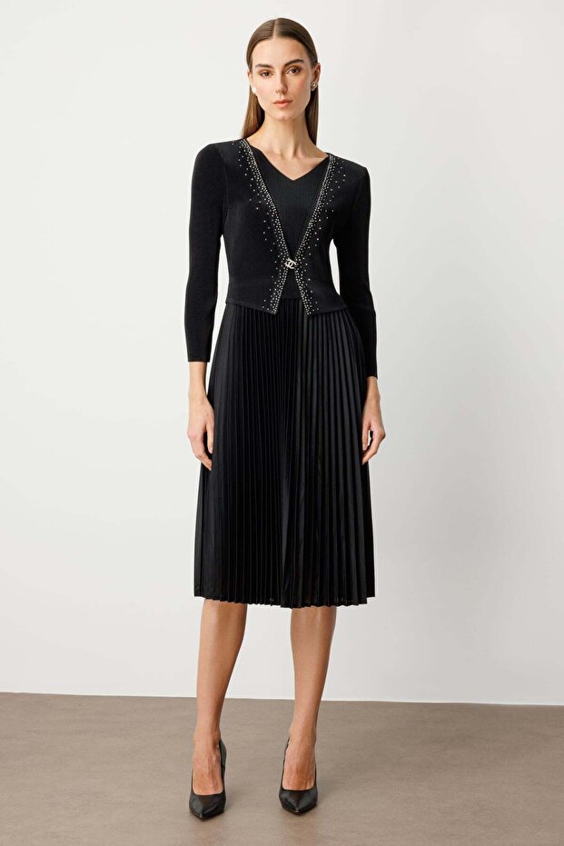 Eteği Piliseli Taş İşlemeli Elbise - 1