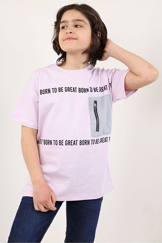 Boy's Printed Crew Neck Short Sleeve Zippered T-Shirt