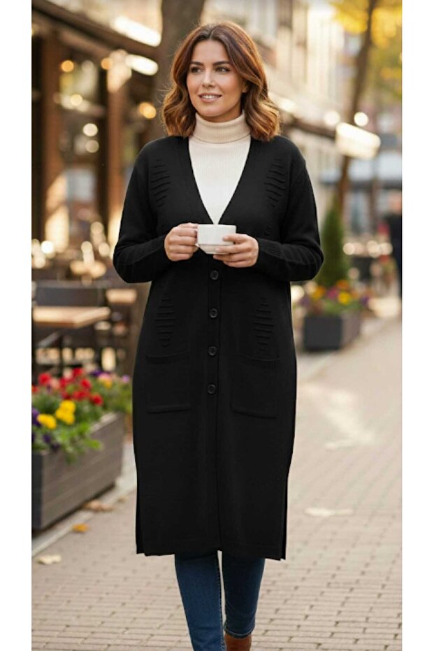 Long Sleeve Knee-Length Buttoned One Size Knitwear Cardigan
