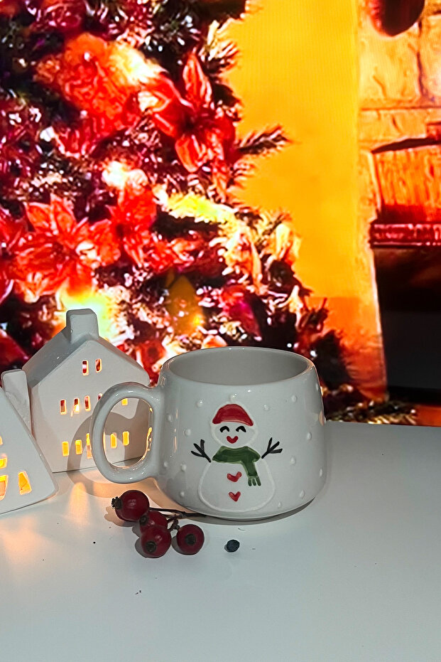 Christmas Themed Snowman Patterned Handmade Ceramic Mug Cup Gift
