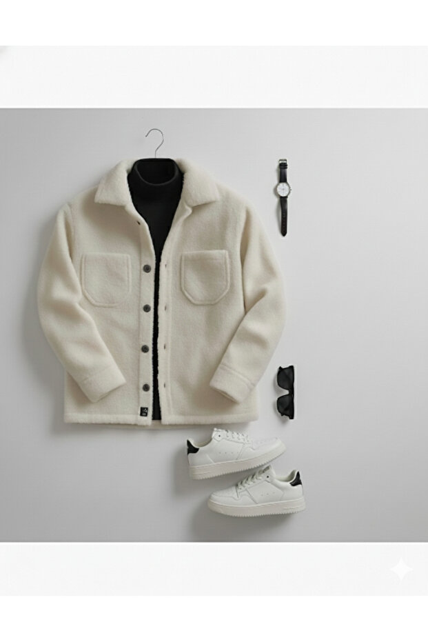 Men's Buttoned Plush Shirt-Cardigan