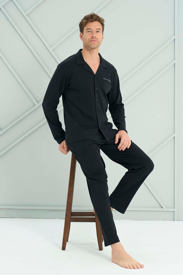 Men's Combed Cotton Long Sleeve Pajama Set 2229 Black03