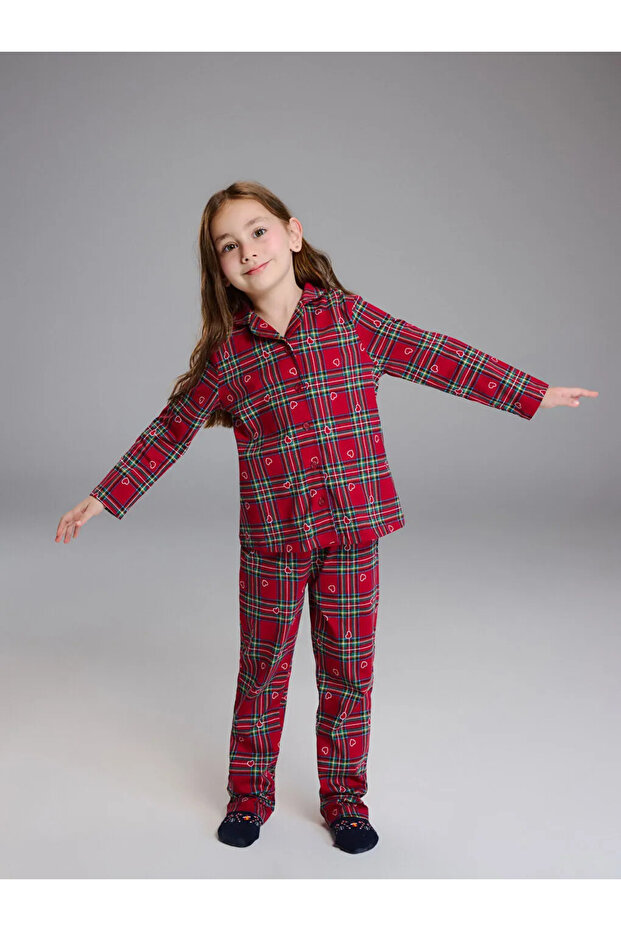 Red Shirt Collar Plaid Girls Pajama Set