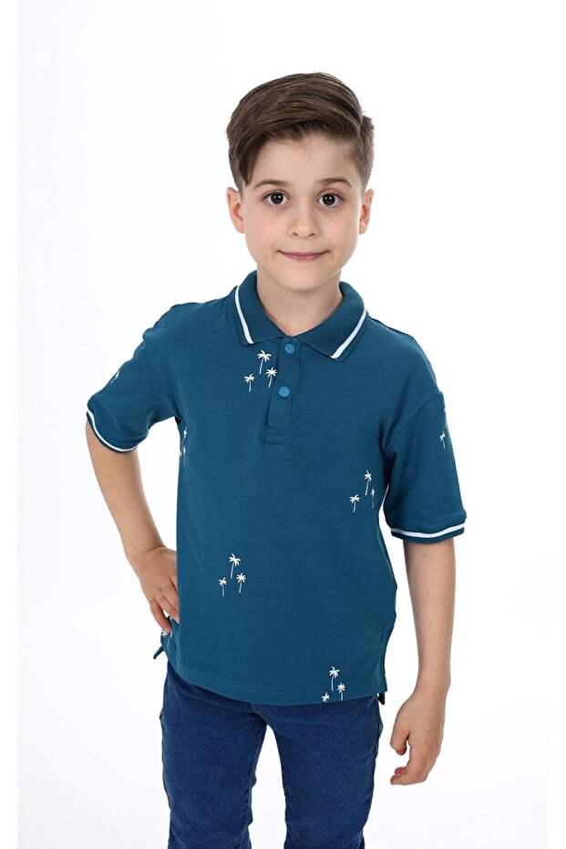 Boy's Printed Polo Neck Buttoned Short Sleeve T-Shirt