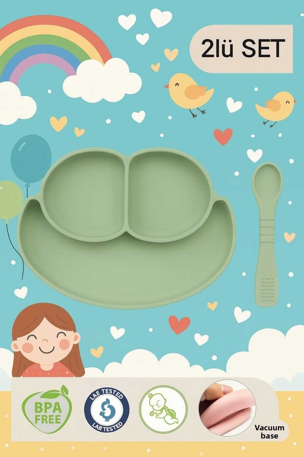 طقم تغذية الأطفال من السيليكون مكون من قطعتين باللون الأخضر