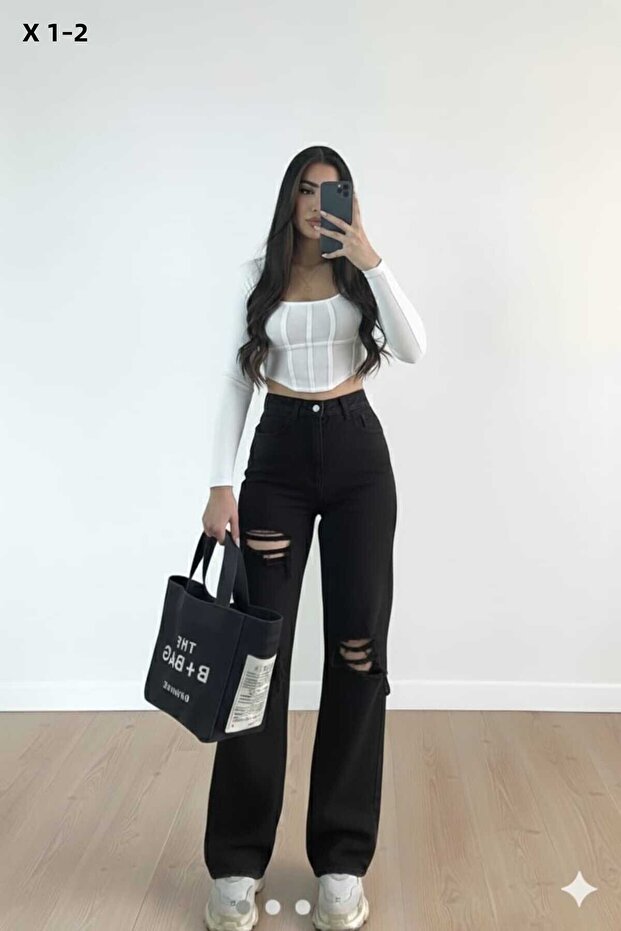 Black Ripped Stretch Fabric Super High-Waisted Loose Jeans. (SUPER HIGH.) Wide Leg.