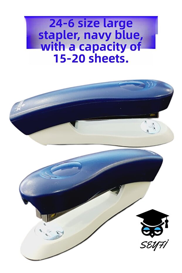 24-6 size large stapler, navy blue, with a capacity of 15-20 sheets.