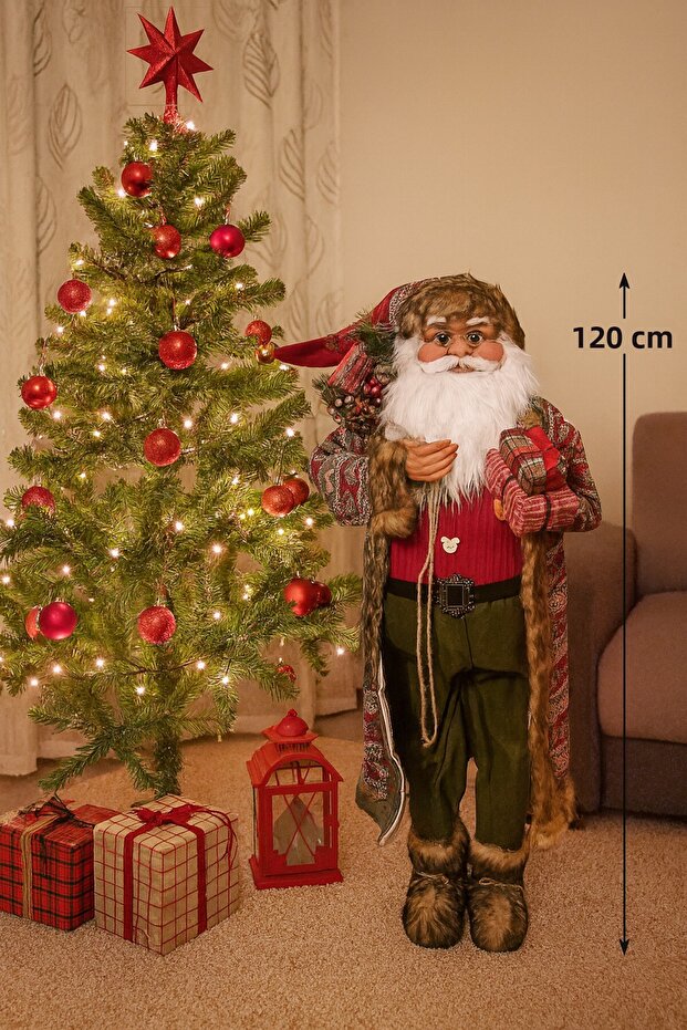 120 cm Plaid Costume Luxurious Santa Claus Figure – Standing Custom Design Christmas Decor with Gift Packaging