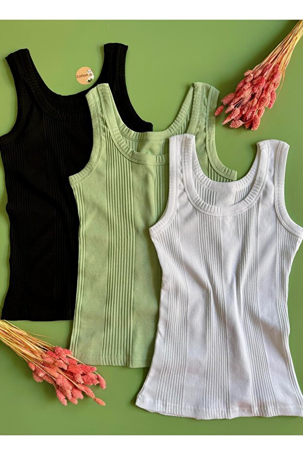 Linea Camisole 3-Piece Extra Bias Thick Strap Black, White and Green Color Women's Undershirt 60V15