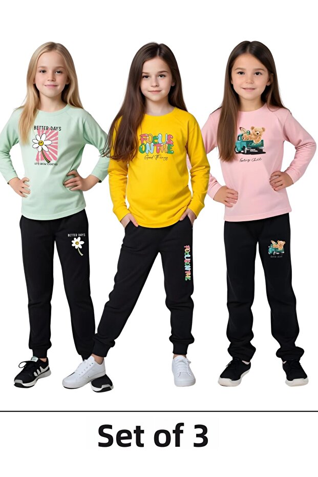 3-Piece Better-Focus-Chill Printed Tracksuit Set for Girls