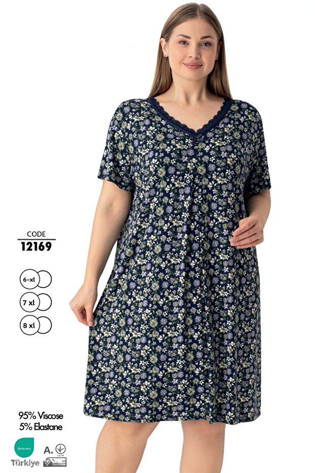 ثوب نوم قطني ممشط منقوش مقاس كبير - 12169 - 1