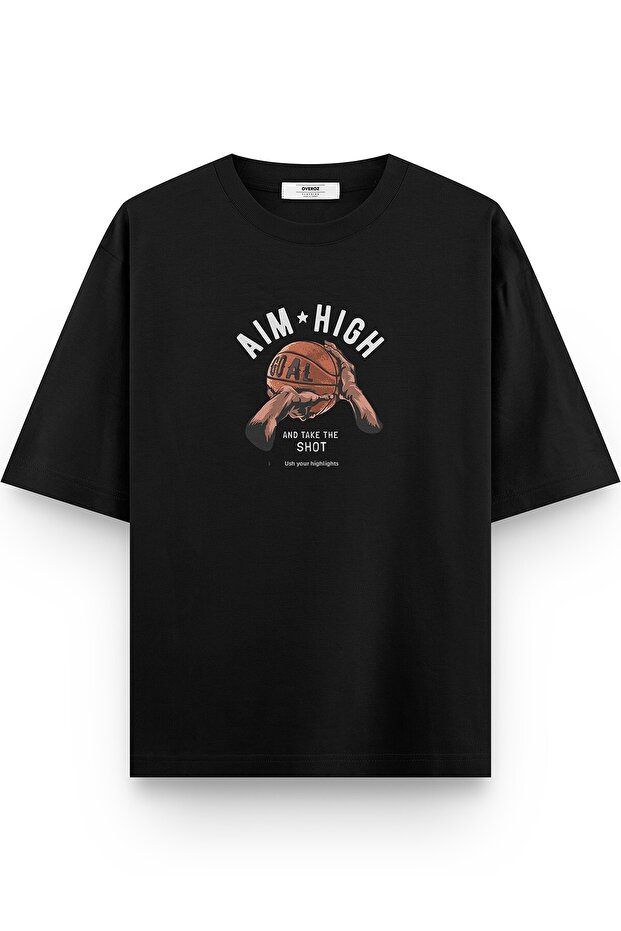 تي شيرت Aim High Basketball مطبوع Semi قصة فضفاضة أسود 1090