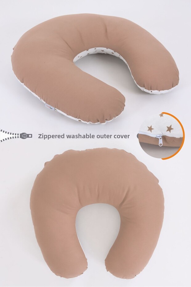 Double-Sided Breastfeeding Pillow Baby Support Cushion Maternity Pillow 100% Cotton - Bebek Kahve Yıldız