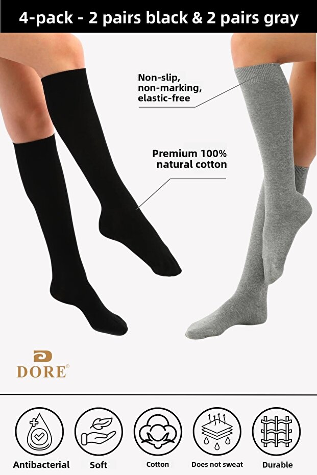 Premium Series Women's Seamless Knee-Length Socks 4 Pairs 2 Black 2 Melange Gray