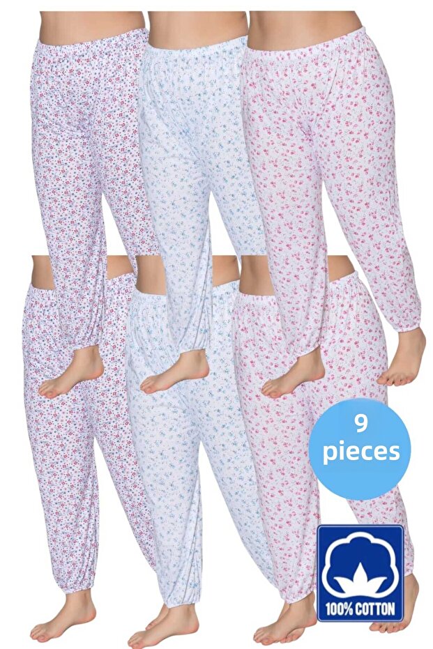 Women's 100% Cotton Patterned Printed Elastic Long Pajama Long Johns Set of 6