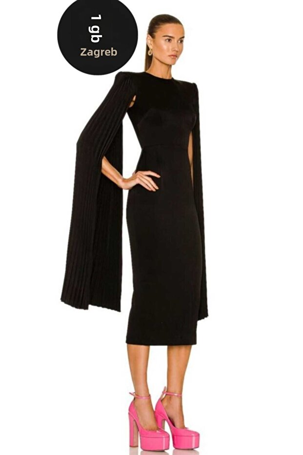 Women's Black Sleeve Detailed Padded Back Slit Silk Jersey Midi Dress