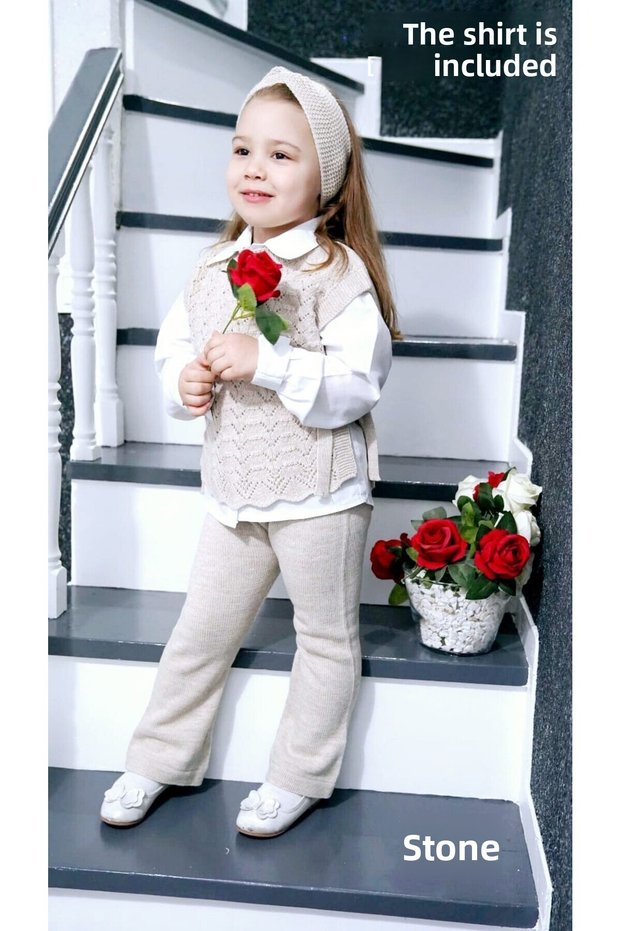 Girl's 3-Piece Knitwear Set with Hair Band, Trousers, Open Sides and Tie Detail, Openwork Knitted Sweaters