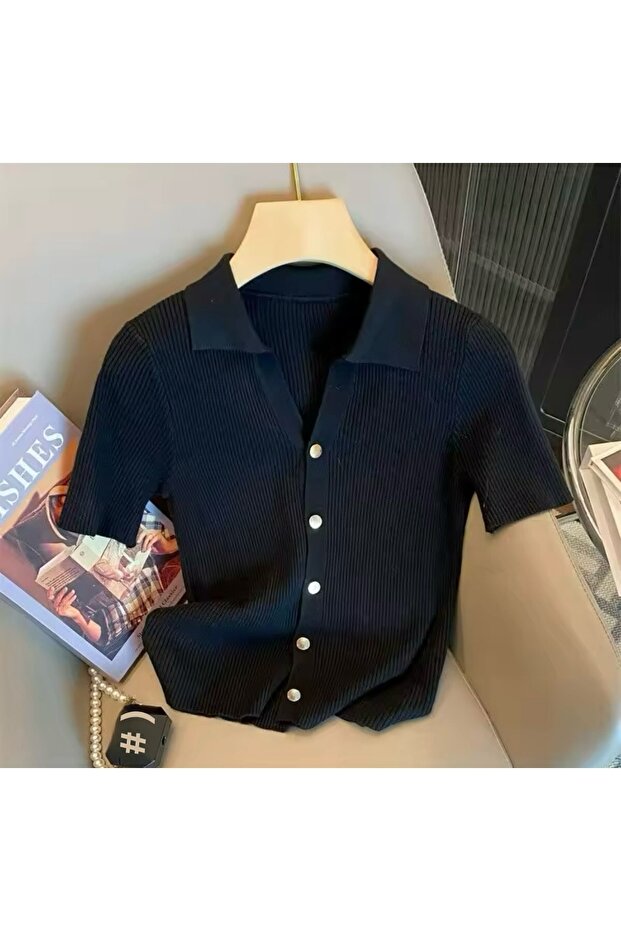 Women's Polo Neck Metal Gold Button Basic Knitwear T-Shirt