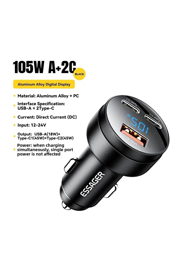 ESSAGER Black 105W Essager 105W USB Car Charger Quick Charge 4.0 QC4.0 QC3.0 QC SCP PPS PD USB Type