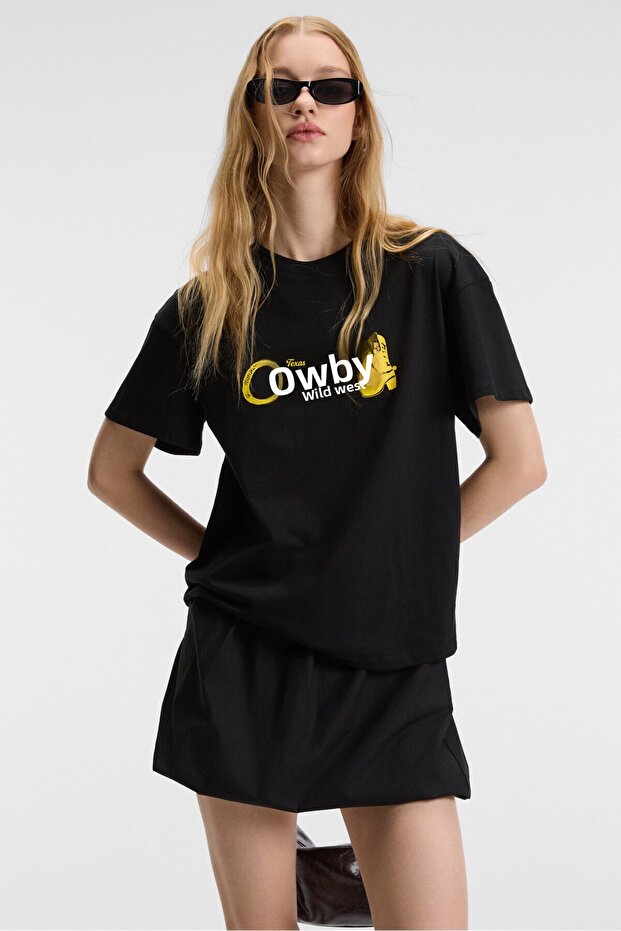 Rivela Women's 100% Cotton Regular Fit Printed Crew Neck Short Sleeve Black T-Shirt