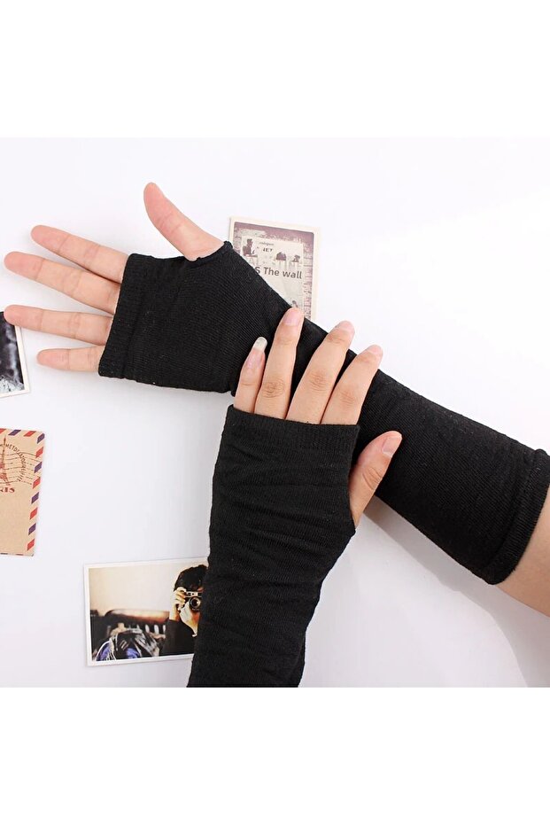 2026 Autumn Winter Black Long Cut-Out Fingerless Double Sleeve Gloves