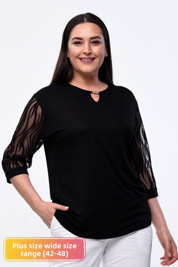 Plus Size New Season Lace Sleeves Evening Dress Model Short Sleeve 4 Season Tulle Detailed Mother Elegant Blouse