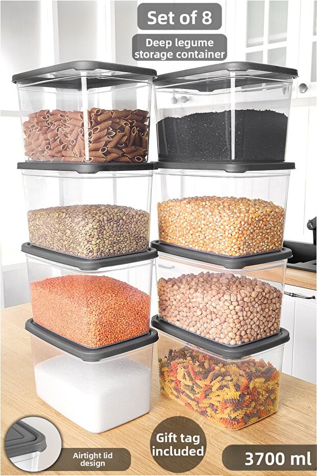 8 Pieces Deep Food Storage Containers with Labels - Legumes Sugar Flour Container Food Storage Box 3700 ml Transparent