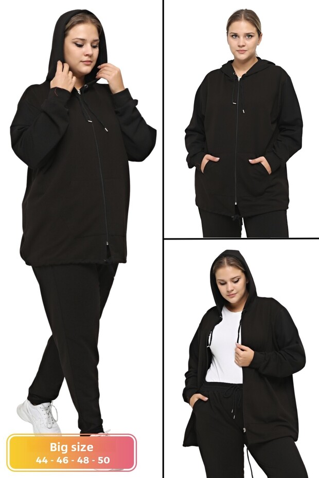 Plus Size Set Elastic-Waist Comfort Model Hooded Zip-Up Pocketed Sport Daily Tracksuit Set