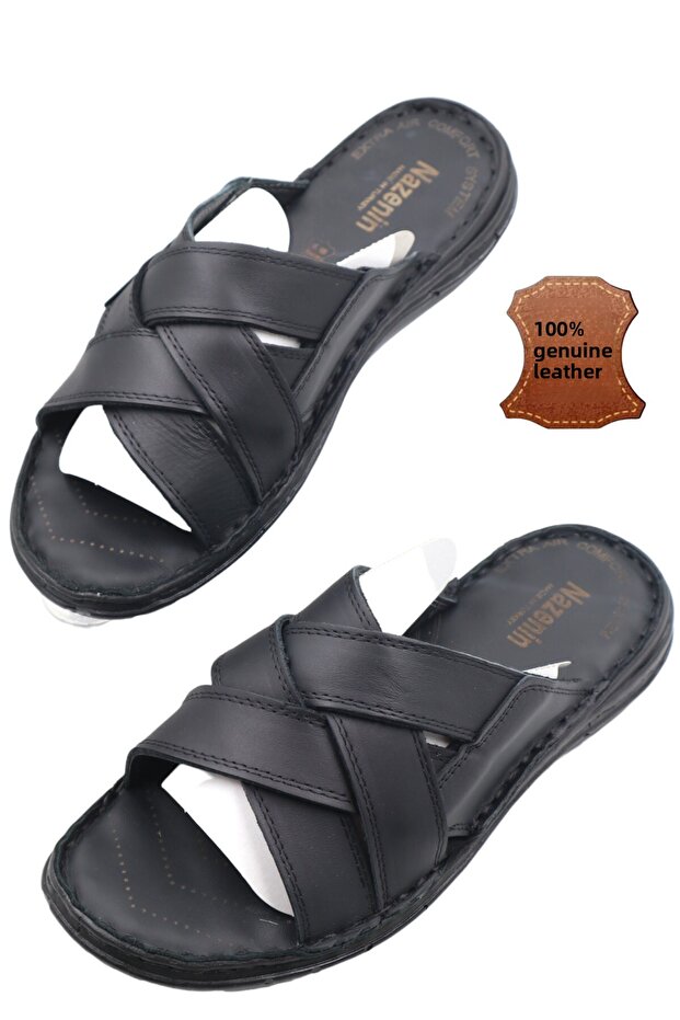 Men's Genuine Leather Black Soft Sole Slippers