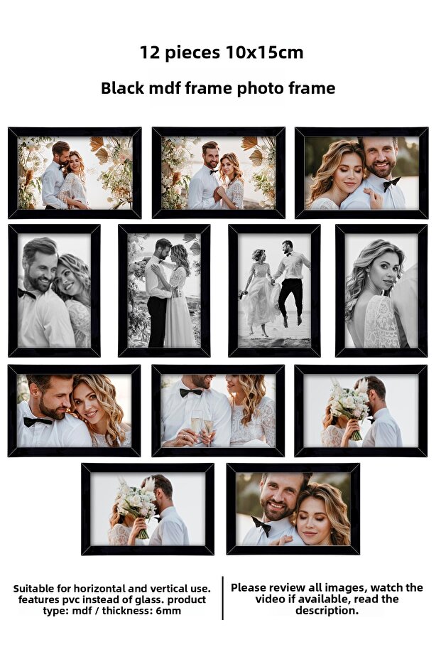 12 قطعة 10X15 إطار أسود MDF - إطار صور متعدد