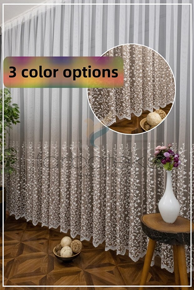 Taupe Hem Daisy Patterned Color-Block 2-Layer Pleated Tulle Curtain