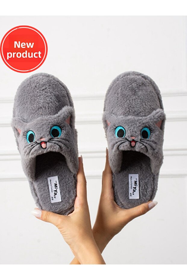 Roztomilé vyšívané zimní unisex domácí pantofle s motivem kočky, které nevydávají zvuk, protiskluzová podrážka STC1123 - 1