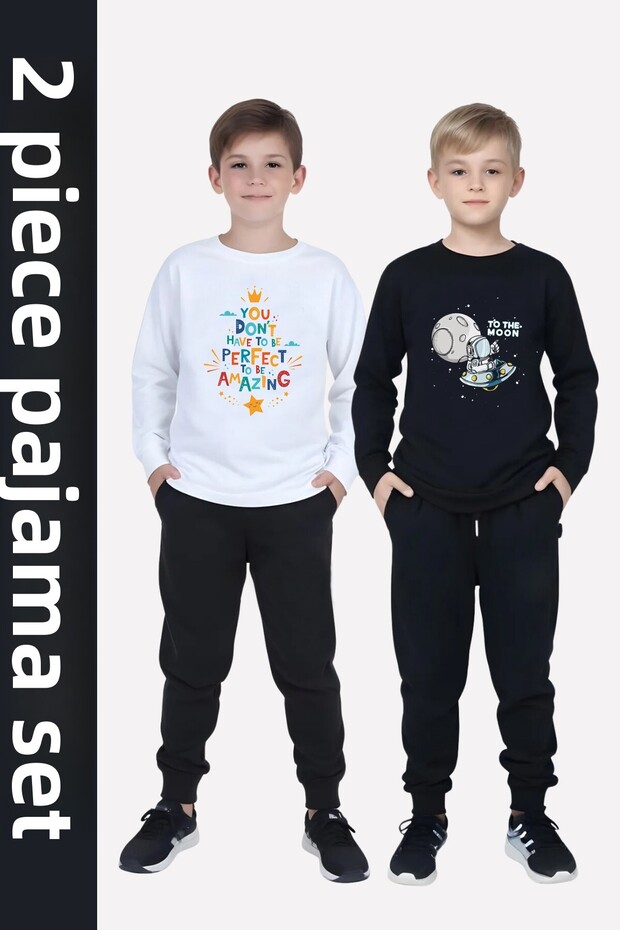 Boys' 2-Piece Round Neck Space-Astronaut Printed Detailled Top-Bottom Pajama Set