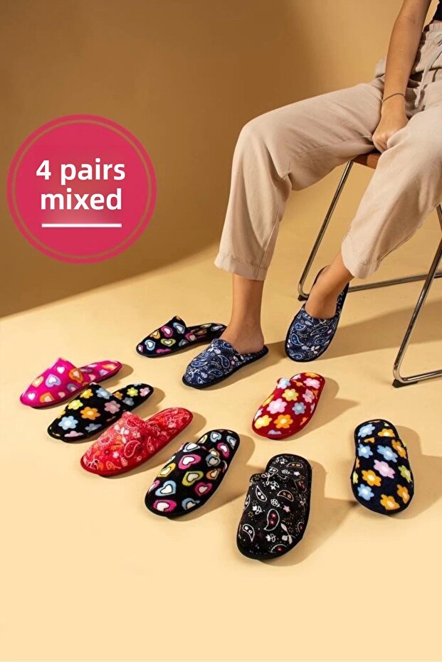 Berchill 4 Pairs Women's Home Slippers Guest Boots Wedding Gift Winter Slippers Closed Front Home Slippers Mixed