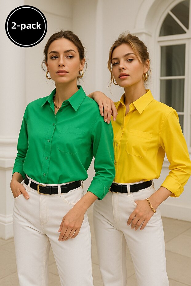 Women's Yellow-Green 2-Pack Poplin Pocket Detail Shirt