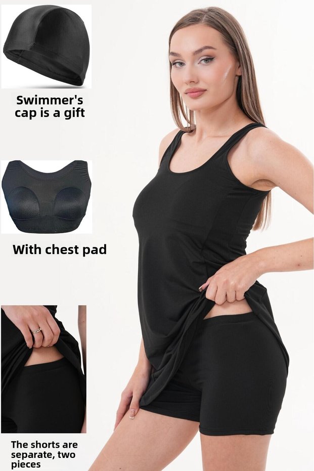 Women's Lycra Shorts Plain Dress Swimsuit, Swimsuit with Skirt Black