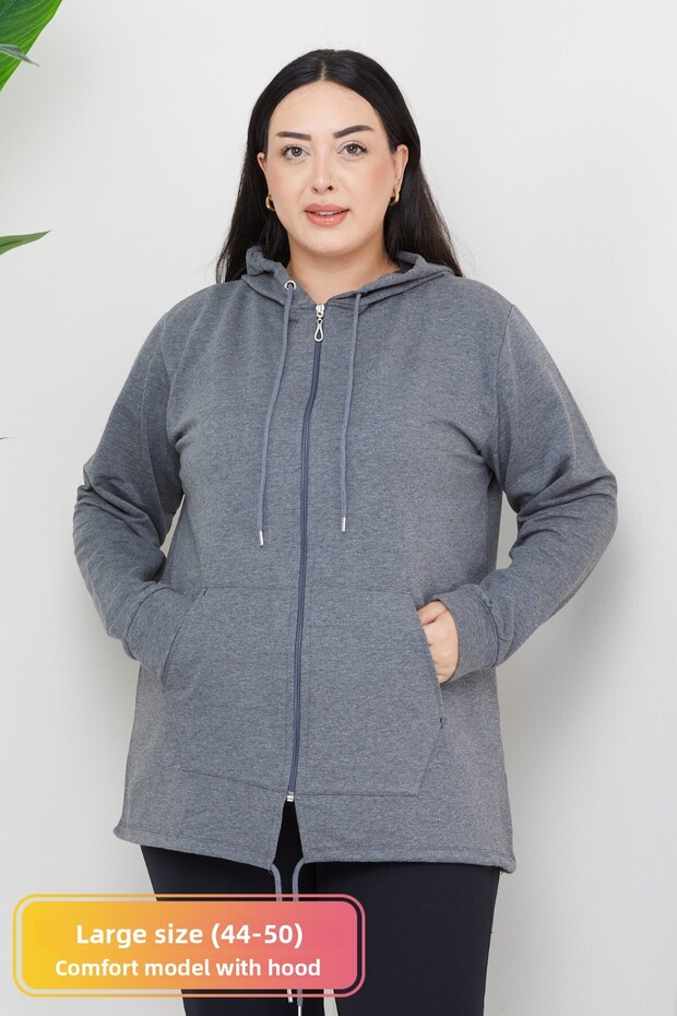 Women's Large Size Hooded Zippered Model 2 Pockets Long Gray Sports & Casual Sweatshirt Black
