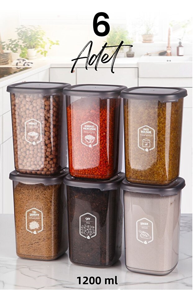 Set of 6 Square Food Storage Containers with Labels 1200 ml - Organizer Jar with Hard Lid
